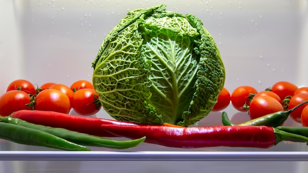 Frutas y verduras en el frigorífico. Conservación de vitamina alimentos saludables.