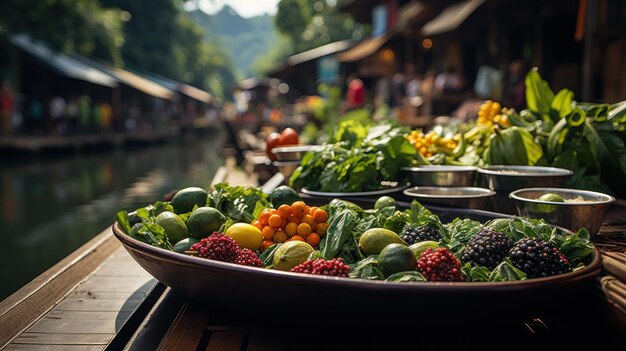 Frutas y verduras en el mercado flotante de Damnoen Saduak en Tailandia