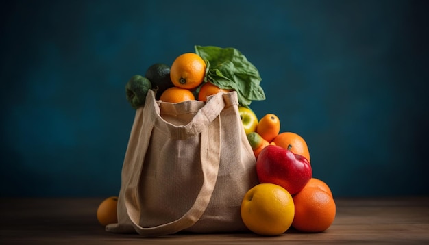 Frutas y verduras orgánicas frescas en bolsas de arpillera generadas por inteligencia artificial