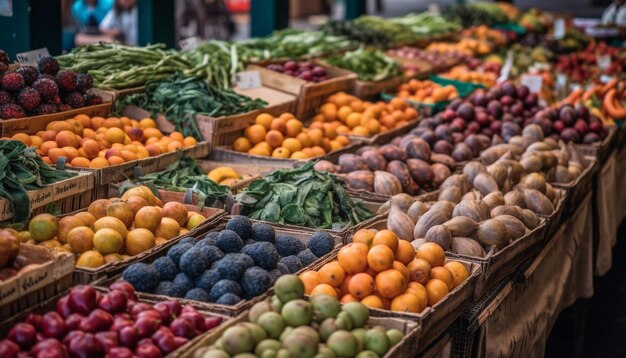 Frutas y verduras orgánicas frescas en una canasta de supermercado multicolor generada por IA