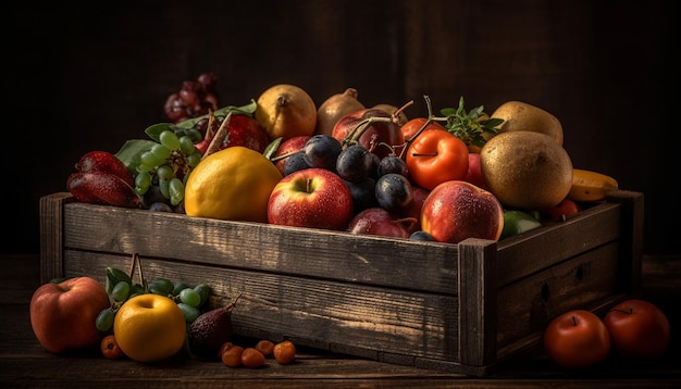 Frutas y verduras orgánicas frescas en una mesa rústica generada por IA