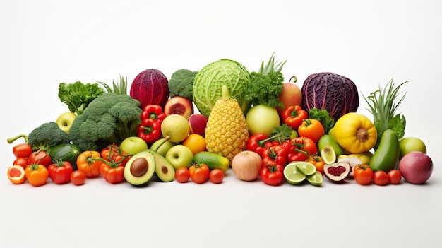 Foto frutas y verduras en una pancarta de fondo blanco aigenerativa ai