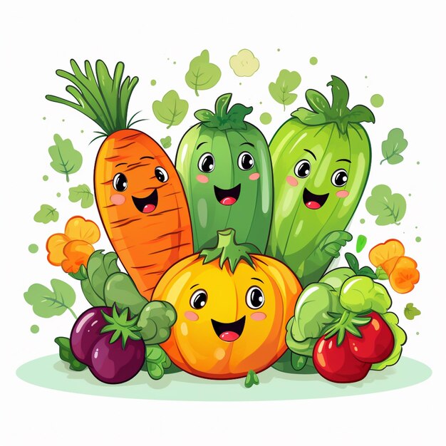 Frutas y verduras Personajes de dibujos animados están jugando y riendo juntos con alegría y felicidad para celebrar el día vegetariano mundial