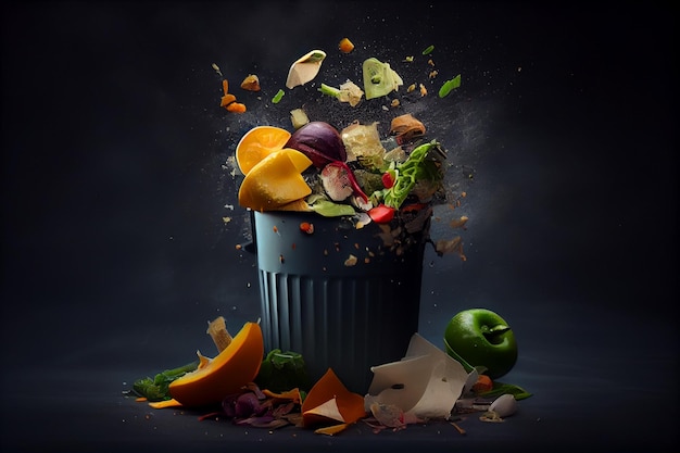 Frutas y verduras que caen en un bote de basura sobre un fondo oscuro generativo ai