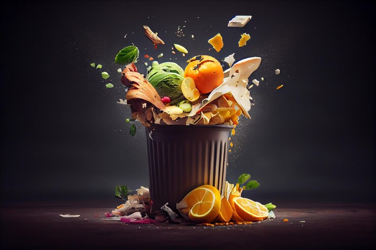 Frutas y verduras que caen en un bote de basura sobre un fondo oscuro generativo ai