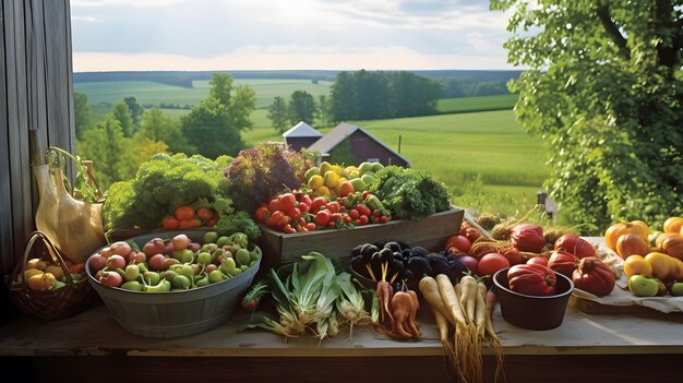 Frutas y verduras en un rancho.