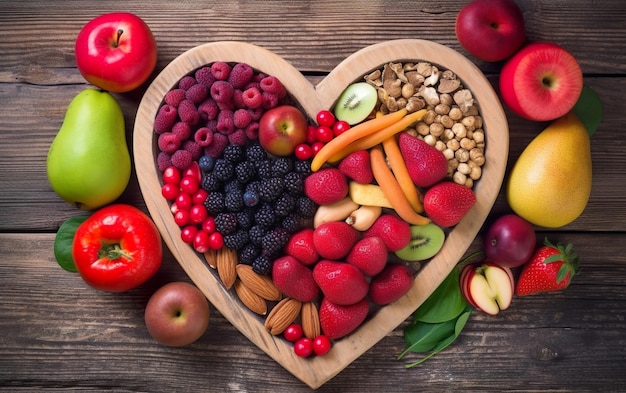 Frutas y verduras en un recipiente en forma de corazón