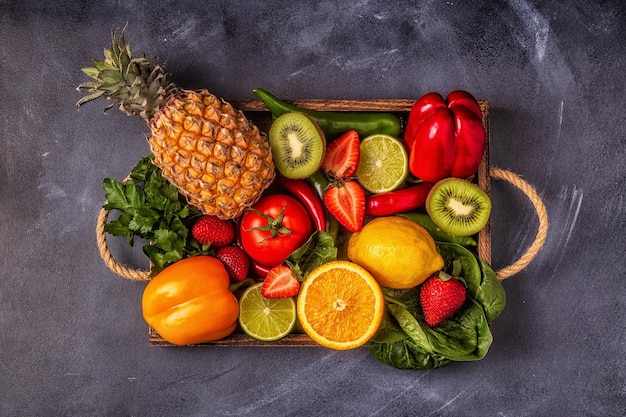 Frutas y verduras ricas en vitamina C en caja