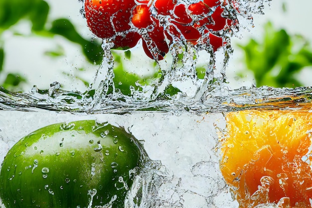 Frutas y verduras salpicando agua clara