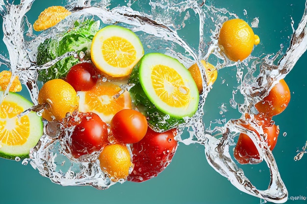 Frutas y verduras salpicando agua clara