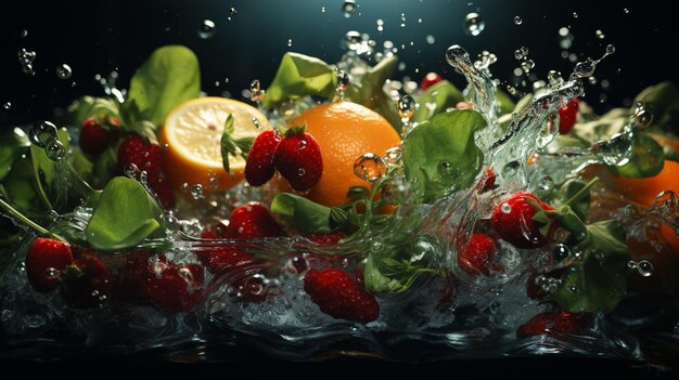 Foto frutas y verduras salpicando en el agua