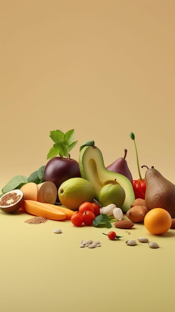 Frutas y verduras saludables en colores pastel fondo de alimentos concepto de comida saludable foto vertical