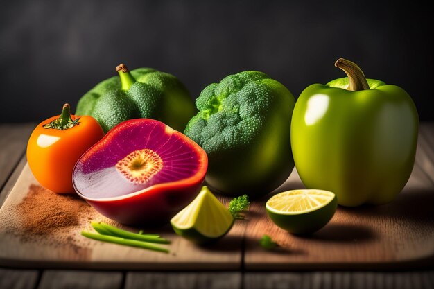 frutas y verduras saludables en mesas de madera