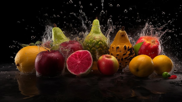 Frutas y verduras sobre un fondo negro