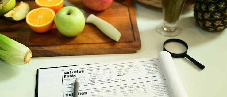 Foto frutas y verduras en una tabla de cortar con información nutricional en la mesa