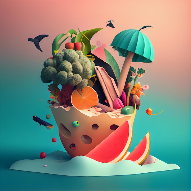 Frutas y Verduras en una taza 3d ilustración