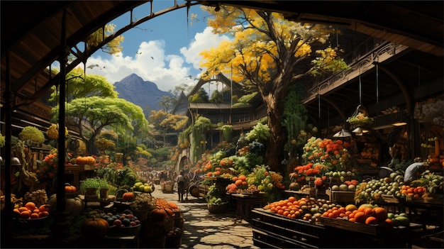 Foto frutas y verduras tienda en el jardín 3d rendering