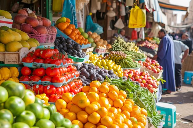 Foto frutas y verduras variadas exhibidas en el mercado una escena de mercado vibrante que vende frutas y hortalizas frescas durante el ramadán generada por ia