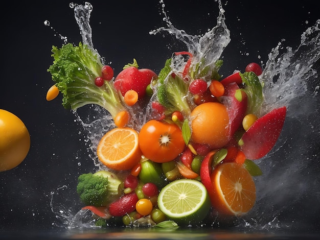 Las frutas y verduras voladoras salpican para despejar el agua sobre un fondo oscuro.
