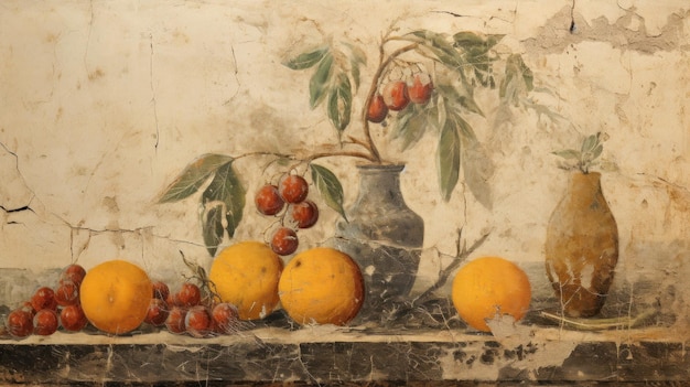 Frutas en viejos frescos de paredes agrietadas pintura vintage de comida y jarrones en la mesa Arte antiguo de la naturaleza muerta Concepto de belleza mural cultura naranja y antigüedad