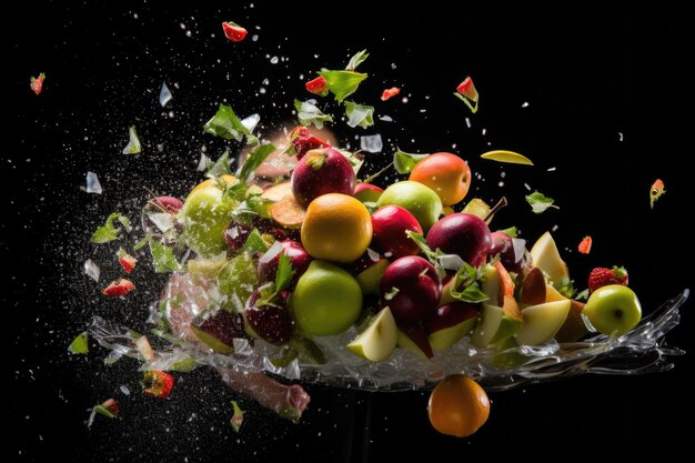 Foto frutas voladoras manzanas en salpicaduras de agua sobre un fondo negro