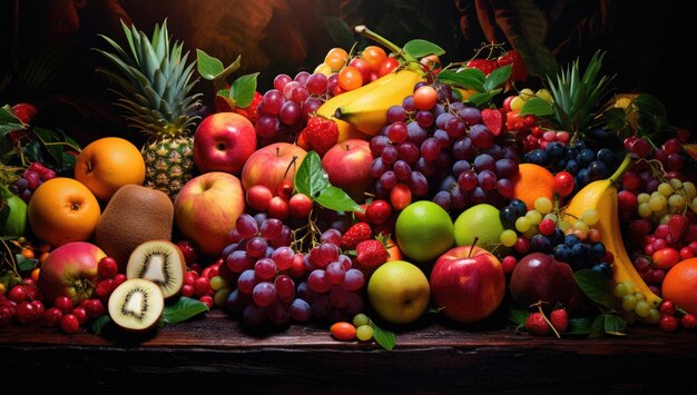 Las frutas yacen sobre una superficie oscura.