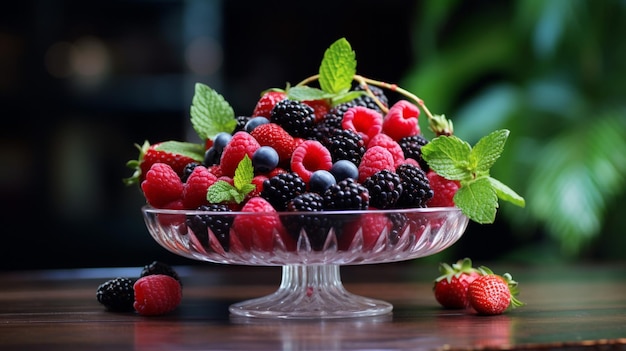 un frutero gourmet con bayas orgánicas maduras y refrescos