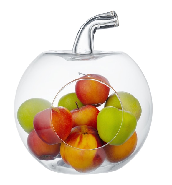 Frutero de vidrio en forma de manzana aislado en blanco