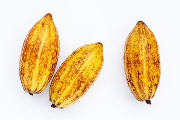 Fruto de cacao aislado sobre fondo blanco.