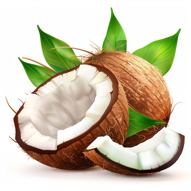 Fruto de coco con hojas verdes aisladas en blanco