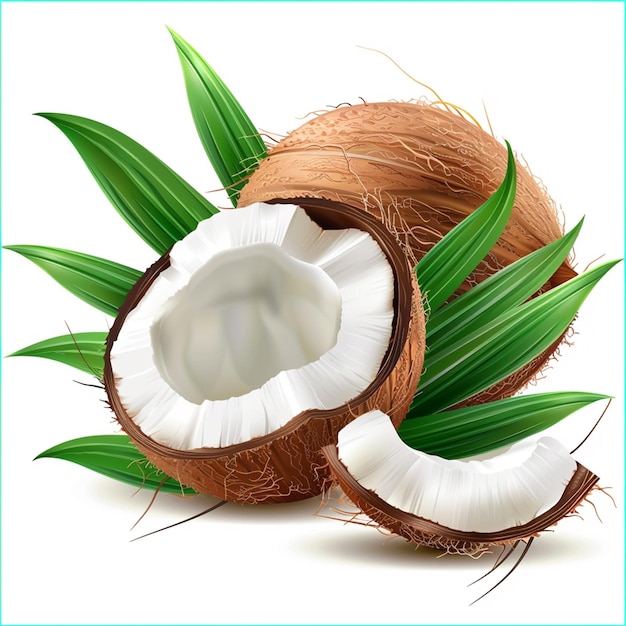 Fruto de coco con hojas verdes aisladas en blanco