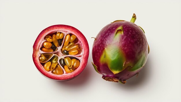 Foto fruto da paixão isolado fruto da passão inteiro e metade de maracuya isolado