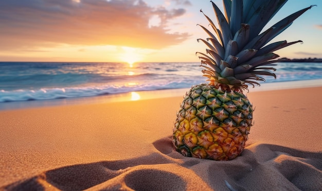 Fruto de abacaxi na praia tropical de areia com céu ao pôr-do-sol e água do mar fundo azul do oceano com copyspace lazer no verão e conceito de férias de férias