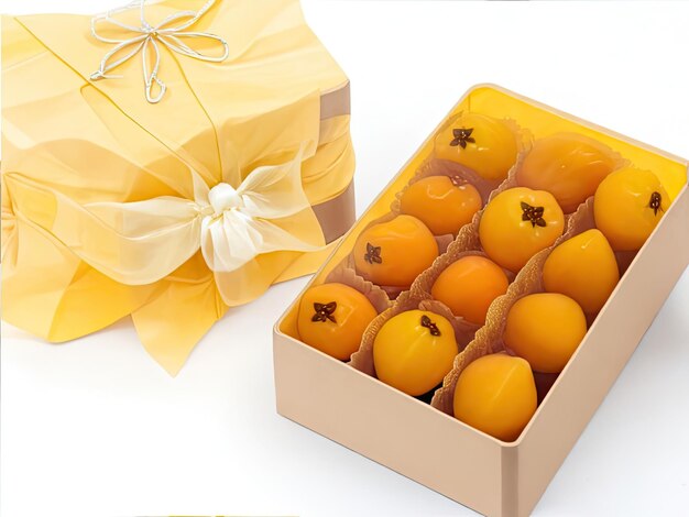 fruto de caqui amarelo em uma caixa de presente em um fundo branco
