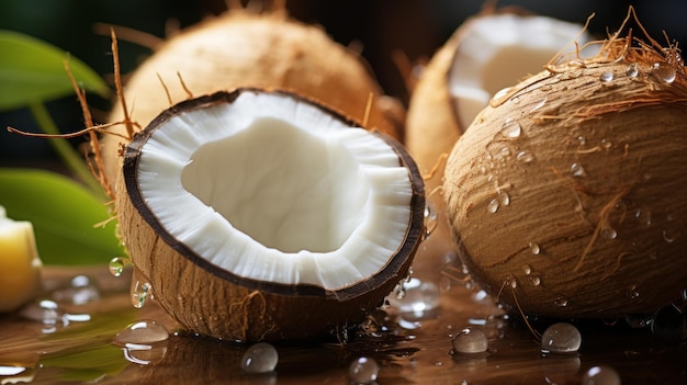 Fruto de coco fresco com gotas de água no ramo em suave atmosfera brilhante sonhosa Fruto natural