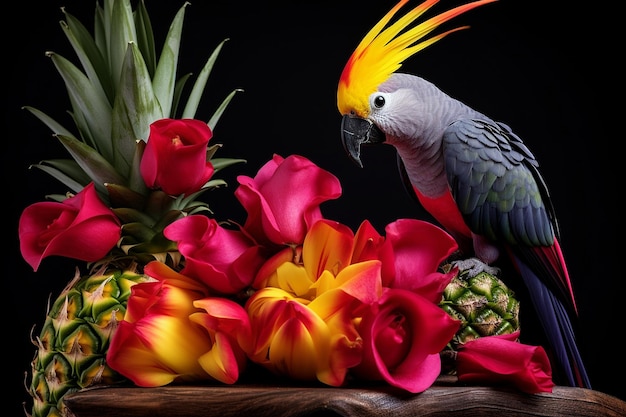 Foto fruto de dragão com um papagaio colorido empoleirado nas proximidades