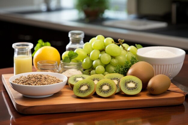 Fruto de kiwi colocado em uma tábua de cortar ao lado de outros ingredientes para uma receita