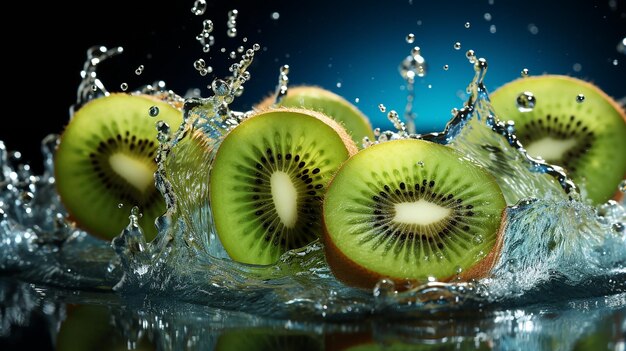 Foto fruto de kiwi com salpico de água em fundo azul