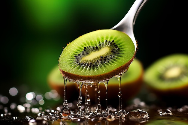 Foto fruto de kiwi com um garfo perfurando uma fatia