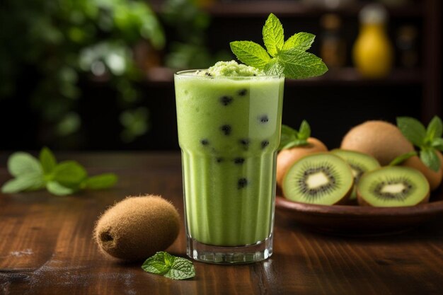 Fruto de kiwi misturado em um smoothie ou suco refrescante