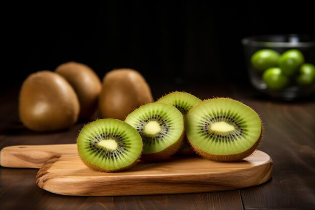 Fruto de kiwi verde cortado em fatias em uma tábua de madeira