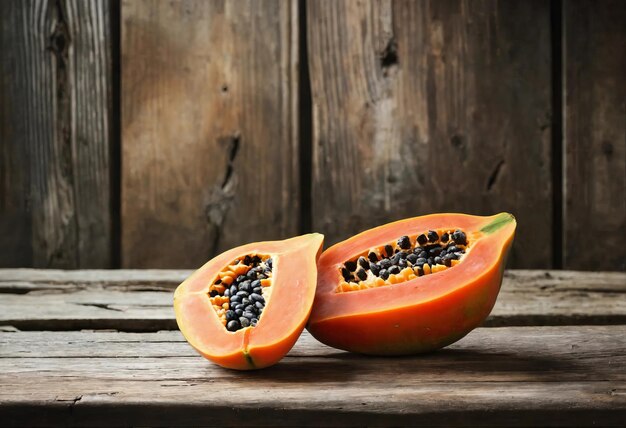 Fruto de papaia em mesa de madeira