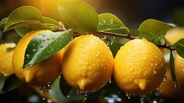 Fruto de limón fresco con gotas de agua en la rama en una suave atmósfera brillante de ensueño Frutas naturales