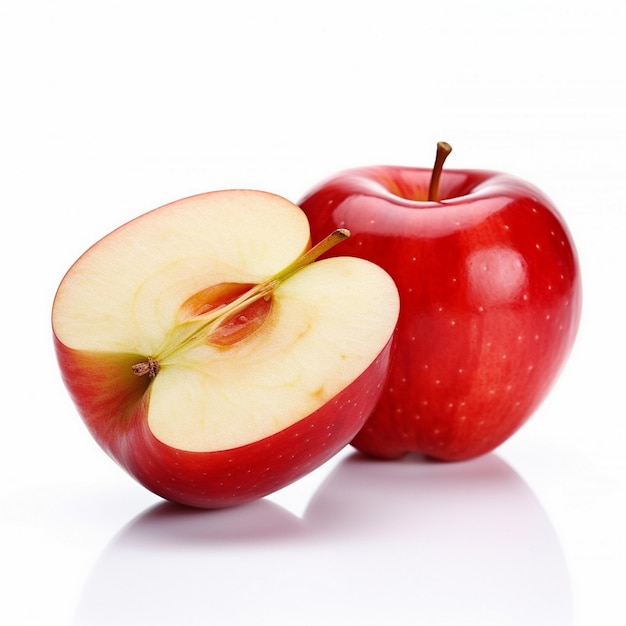 Fruto de manzana roja fresca cortada por la mitad aislada sobre fondo blanco aislado de manzana en fondo blanco