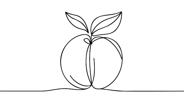 Fruto de melocotón en estilo de dibujo artístico de línea continua Esbozo negro simple hecho de una línea aislada sobre fondo blanco