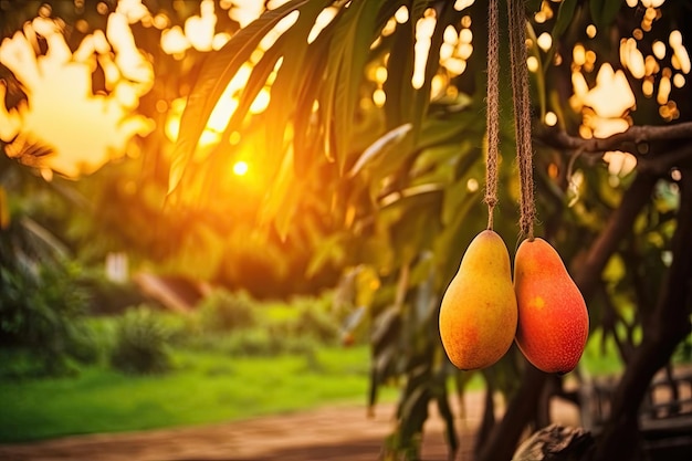 Fruto tropical maduro de mango colgado en un árbol con mesa de madera rústica y puesta de sol en una granja orgánica