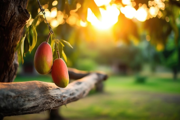 Fruto tropical maduro de mango colgado en un árbol con mesa de madera rústica y puesta de sol en una granja orgánica