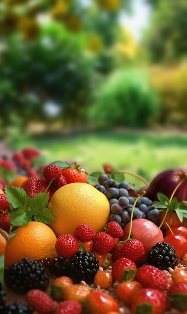 Frutos de bayas con fondo de jardín.