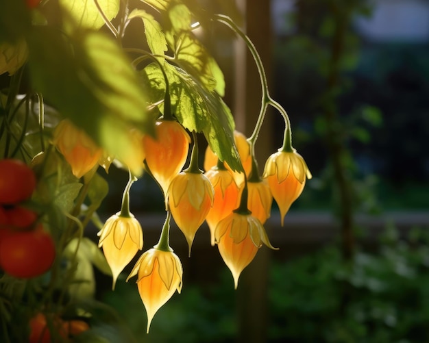 Frutos cereja moídos Physalis frescos voando no restaurante de fundo do estúdio e no fundo do jardim