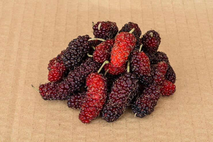 Foto frutos de amoreira orgânica em papelão marrom